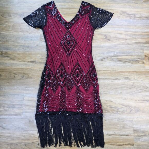 ☔️🩵⏭️NWT Red & Black Gatsby Flapper Dress 5-Piece Set Medium - Picture 4 of 14